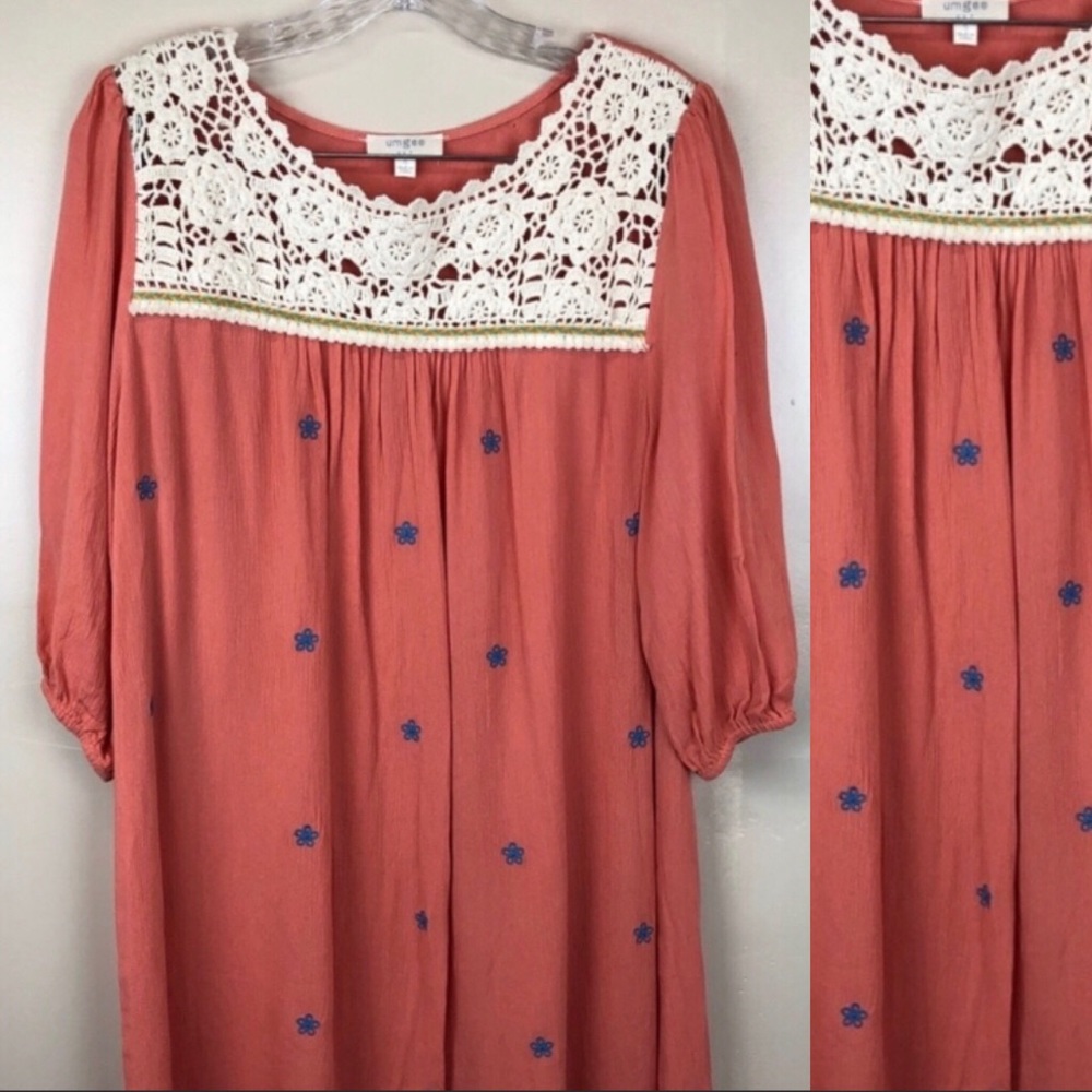Umgee Floral Embroidered Coral Mini Fall Dress Sm